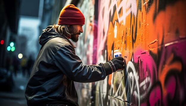 Foto hombre haciendo arte de graffiti cyberpunk con pintura en aerosol en la calle