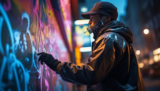Foto hombre haciendo arte de graffiti cyberpunk con pintura en aerosol en la calle