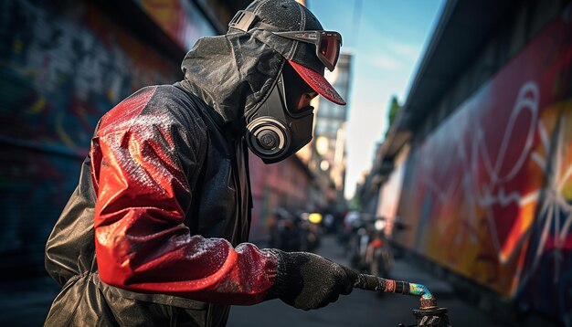 Foto hombre haciendo arte de graffiti cyberpunk con pintura en aerosol en la calle