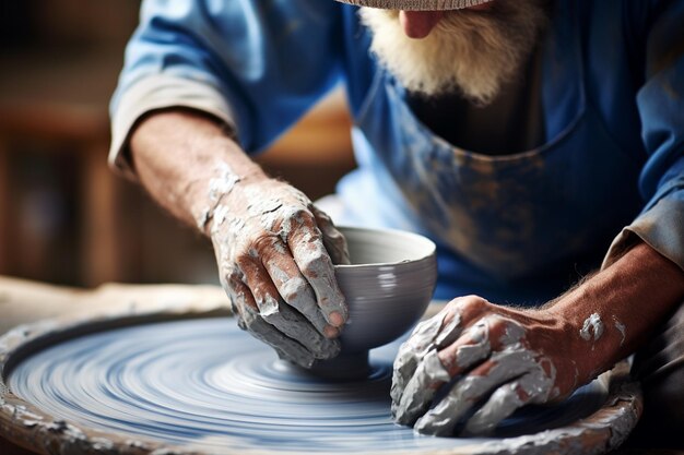 un hombre haciendo cerámica con un fondo de estilo bokeh de rueda de lanzamiento