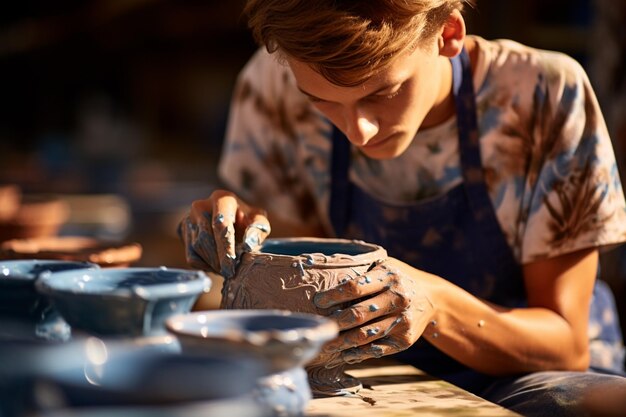 un hombre haciendo cerámica en su taller con fondo de estilo bokeh