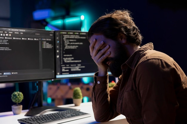 Hombre haciendo garantía de calidad de software leyendo el código fuente en la pantalla de la computadora