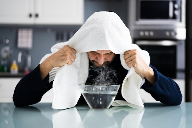 Hombre haciendo inhalación de medicina herbaria alternativa