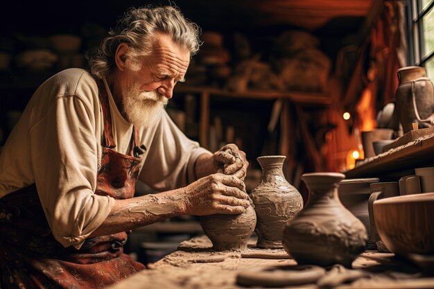 Foto un hombre está haciendo un jarrón de arcilla