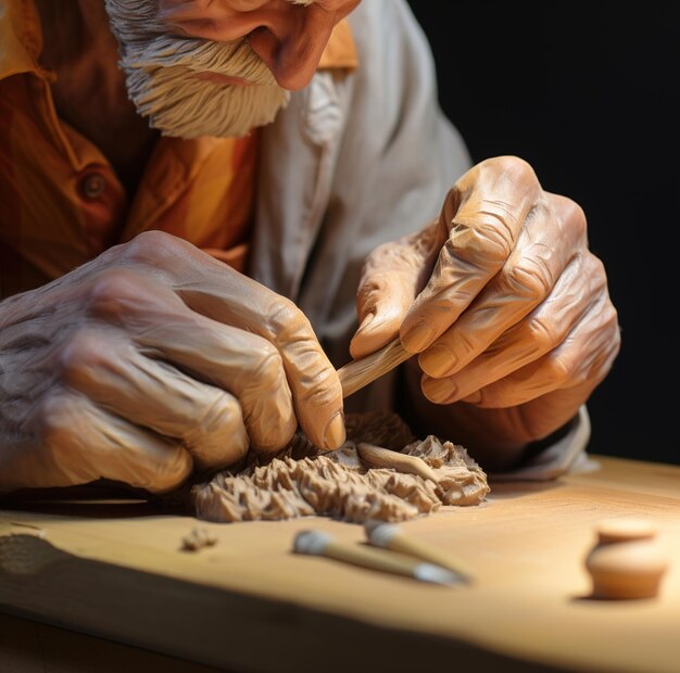Foto un hombre está haciendo un objeto de arcilla con mango de madera.