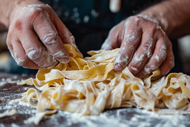 Foto un hombre está haciendo una pasta con las manos de sus manos
