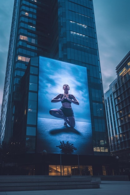 Foto un hombre está haciendo una postura de yoga frente a un edificio alto imagen generativa de ai