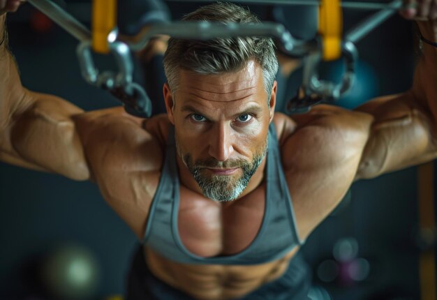 Hombre haciendo pull up con barra fortaleciendo los músculos de la parte superior del cuerpo a través del ejercicio
