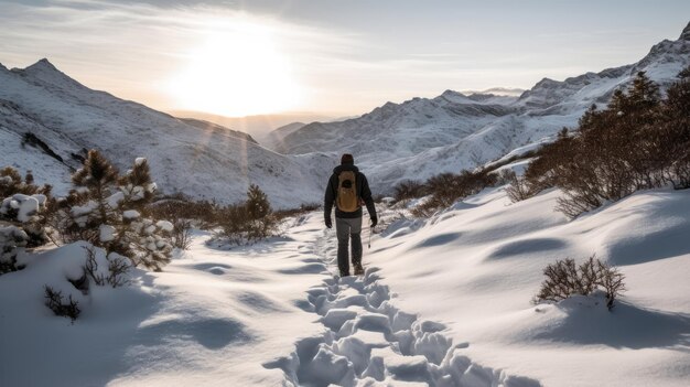 Hombre haciendo senderismo en una montaña invernal Ilustración AI GenerativexA
