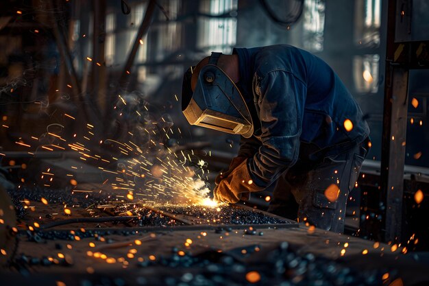 Foto un hombre haciendo trabajo de soldadura tuvo una chispa en una fábrica