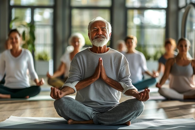 un hombre haciendo yoga en una clase de yoga con otros hombres en el fondo