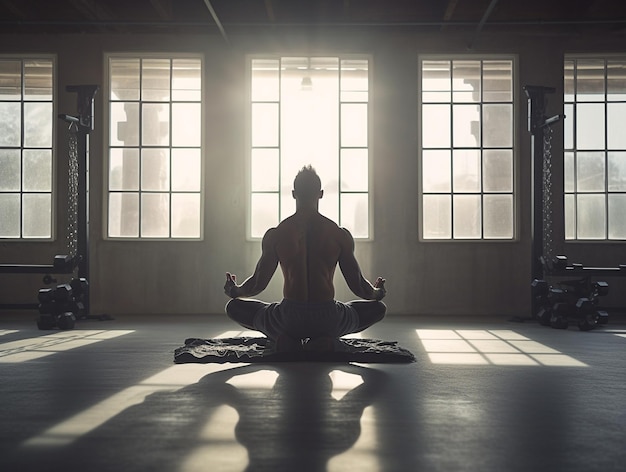 Un hombre haciendo yoga en Fitness Studio Generado por IA