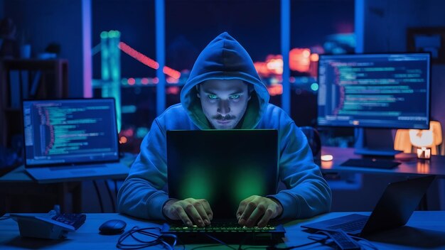 El hombre hacker en la computadora portátil