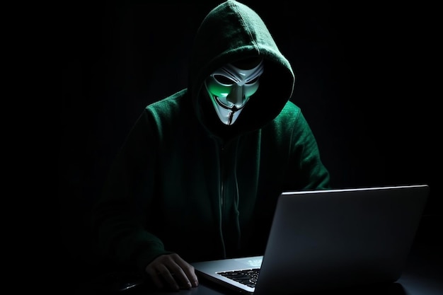 Hombre hacker escribiendo en la computadora portátil pirateando el sistema informático terrorista con un ataque informático de virus al sistema de red del servidor en línea en la seguridad de Internet de datos IA generativa