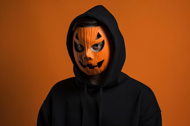 Foto hombre con halloween jack o lanterna cabeza de calabaza con sudadera negra y sudadera con capucha sobre fondo naranja concepto de celebración del día de los muertos extraño carnaval de disfraces imagen generada con ia