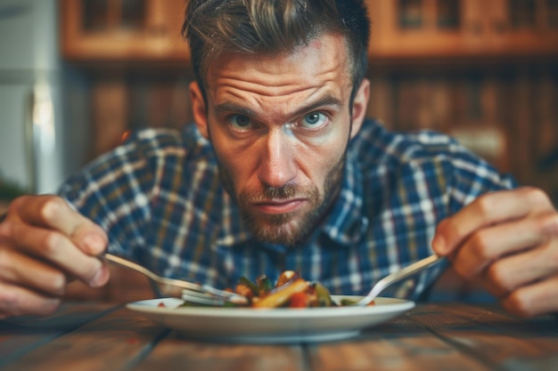 Foto hombre hambriento con un gesto de cubiertos listo para comer la cena en la mesa