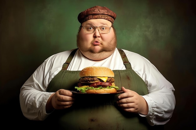 Un hombre con una hamburguesa y un fondo verde.