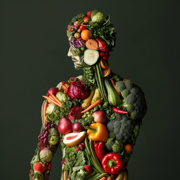 Hombre hecho de verduras y frutas en un fondo limpio Estilo de vida saludable IA generativa