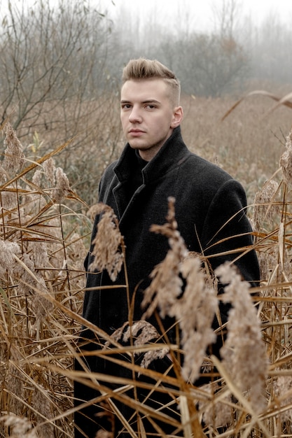 Hombre hermoso en un campo con hierba alta en otoño, retrato de arte del hombre