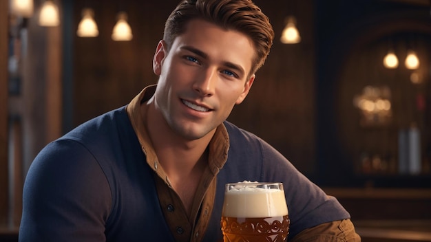 Hombre hermoso con una taza de cerveza fría Oktoberfest