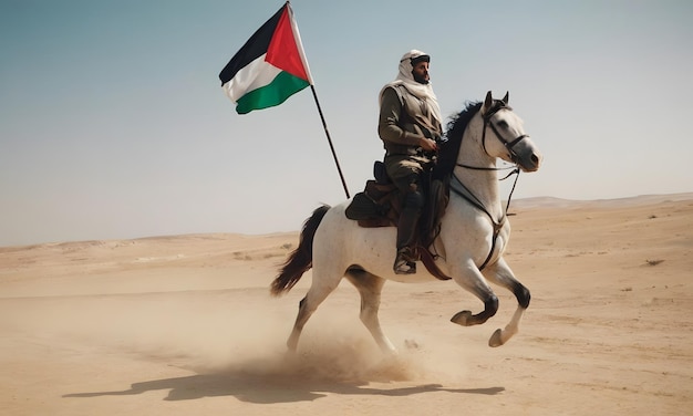 Un hombre heroico montado en un caballo blanco en el desierto con una bandera de Palestina en la mano