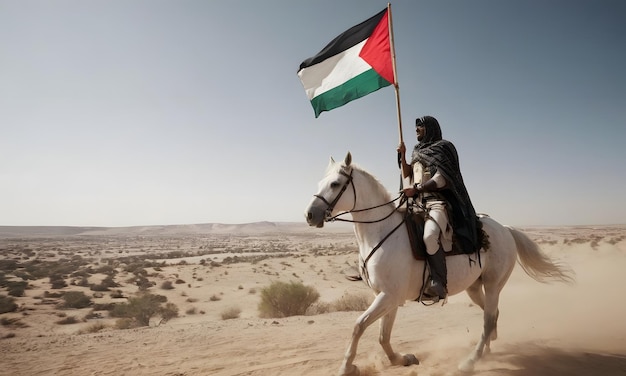 Un hombre heroico montado en un caballo blanco en el desierto con una bandera de Palestina en la mano