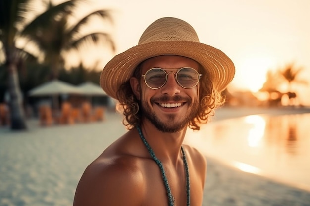 Hombre hipster guapo feliz con una sonrisa con un sombrero de paja y gafas vintage camina en la playa cerca del océano al atardecer AI generativa