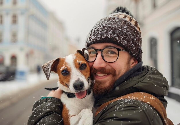 Foto un hombre hipster está sosteniendo a su perro jack russell terrier