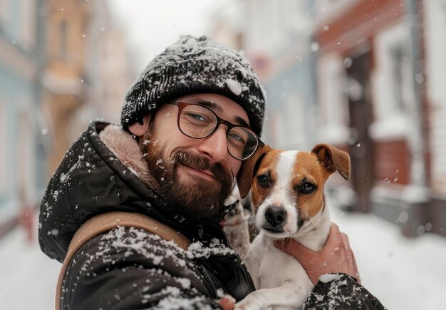 Foto un hombre hipster está sosteniendo a su perro jack russell terrier