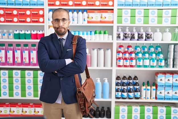 Hombre hispano con barba trabajando como vendedor en una farmacia escéptico y nervioso, desaprobando la expresión en la cara con los brazos cruzados. persona negativa