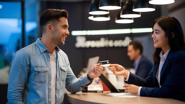 Un hombre hispano da su tarjeta de crédito a un representante de ventas en la agencia de viajes.