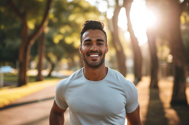 Hombre hispano sonriente disfrutando del parque soleado corriendo radiando felicidad y éxito