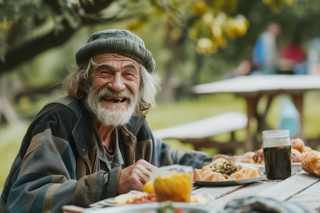 Hombre sin hogar anciano sentado en una mesa de picnic al aire libre con comida