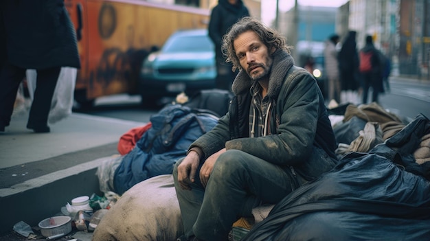 Foto hombre sin hogar en una calle de la ciudad