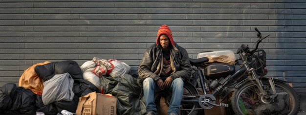 Foto hombre sin hogar en una calle de la ciudad