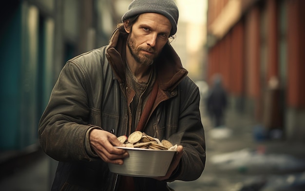 Un hombre sin hogar en la calle Problemas de la pobreza en las grandes ciudades modernas