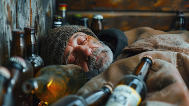 Foto hombre sin hogar durmiendo en el sofá con botellas de cerveza en el fondo