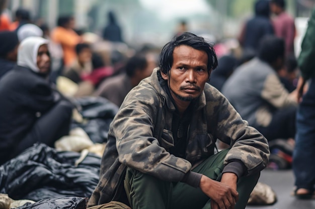 Un hombre sin hogar en Indonesia se sienta en la calle.