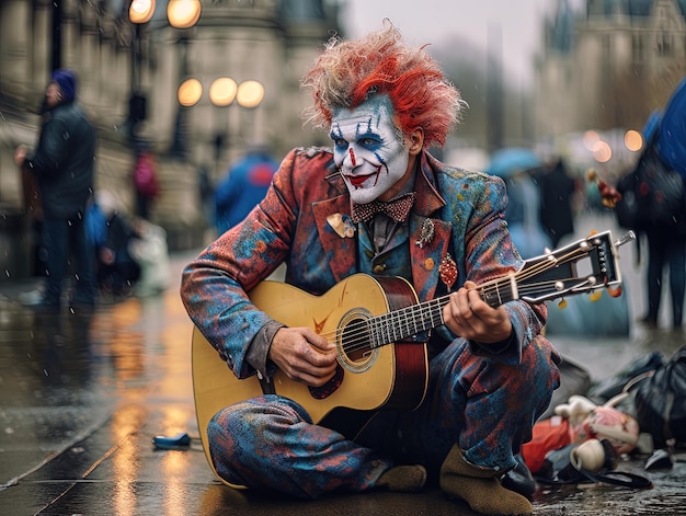 Hombre sin hogar vestido con su cara pintada como un payaso tocando la guitarra en la calle
