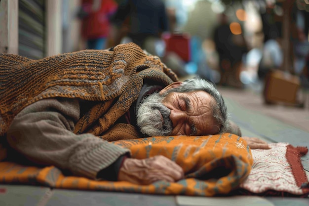 Hombre sin hogar viejo durmiendo en cartón buscando ayuda comida mendigo en la calle fría hombre pobre