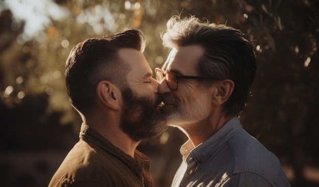 Un hombre y un hombre se besan al sol.