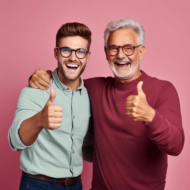 Foto un hombre y un hombre posan para una foto con la palabra pulgares hacia arriba en la pared rosa