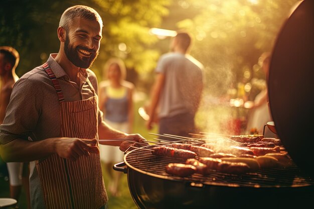 Foto un hombre hornea una barbacoa con mucha gente en el fondo