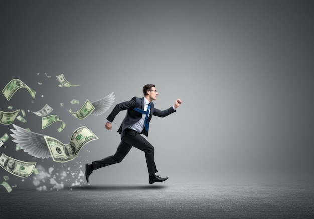Hombre huyendo del dinero volador