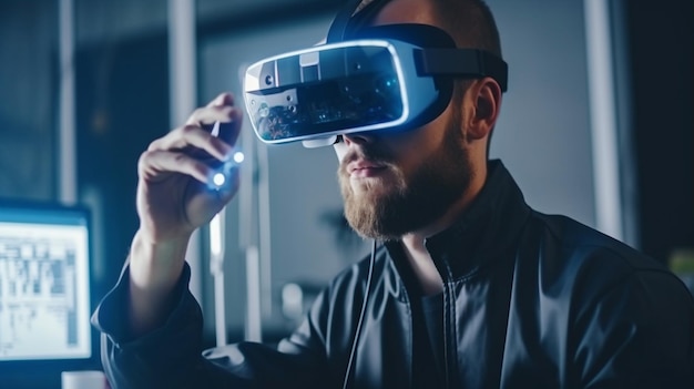 Hombre de IA generativa con gafas de realidad virtual y un microchip