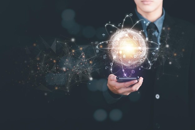 un hombre y un icono virtual concepto moderno de tecnología de red del ciberespacio para comunicarse y
