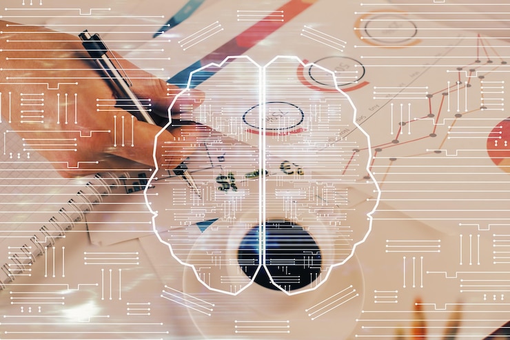 Foto hombre con iconos de cerebro de inteligencia artificial de exposición múltiple