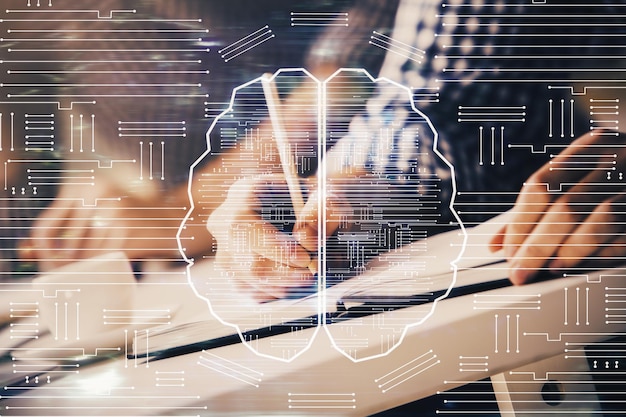 Hombre con iconos de cerebro de inteligencia artificial de exposición múltiple