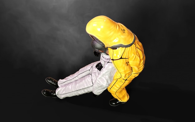 Hombre de ilustración 3d, en traje de riesgo biológico de protección contra virus, con máscara para detener el virus de la corona o brote de covid 19 sobre fondo oscuro con trazado de recorte.