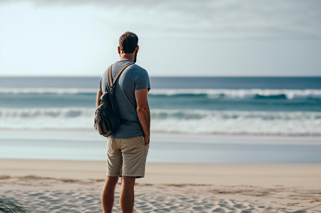 Hombre en una ilustración de playa de océano vacío IA generativa